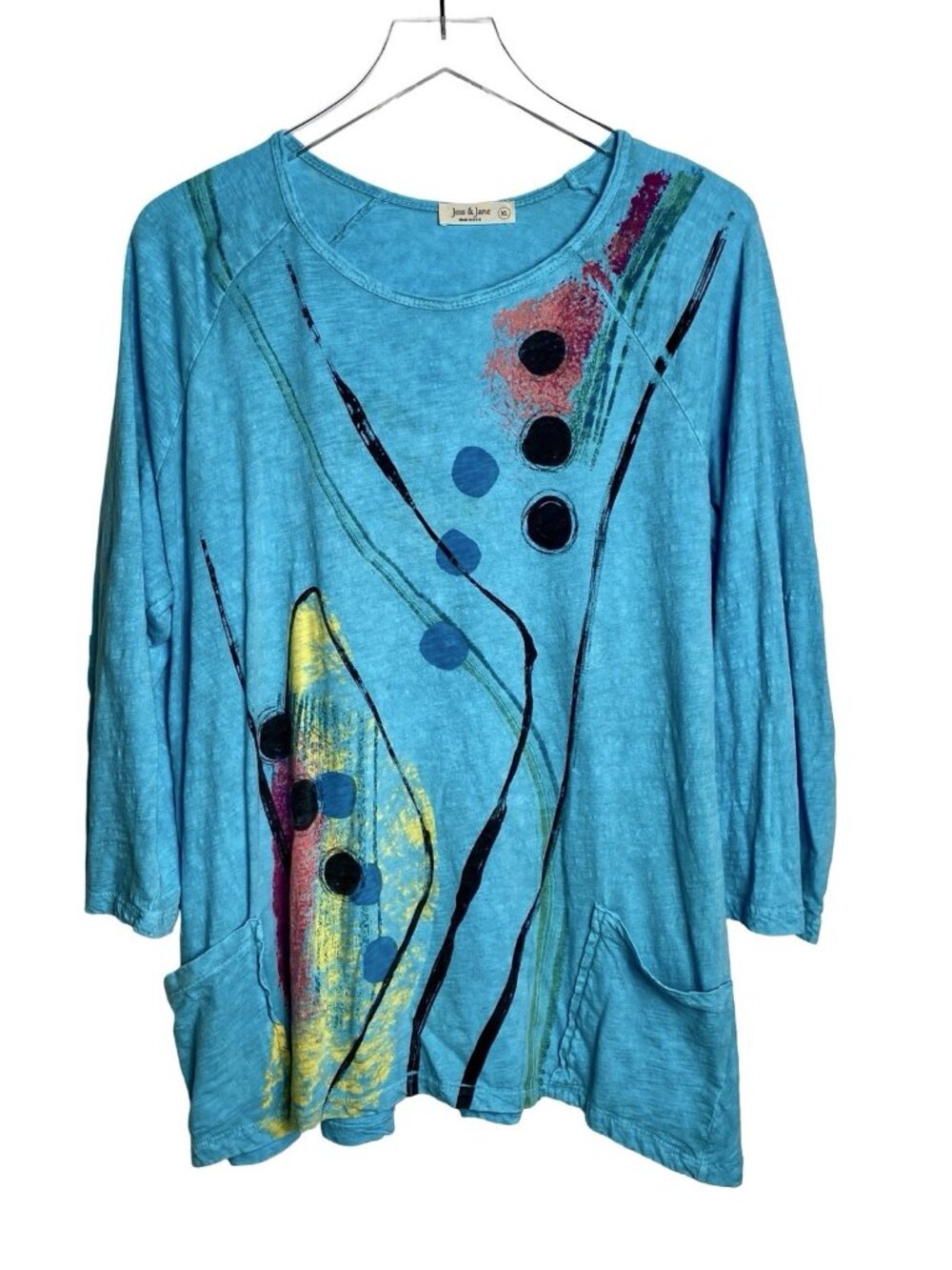 Jess & Jane Size XL Blue Mineral Washed Tunic Top Geometric Artsy Long Sleeves